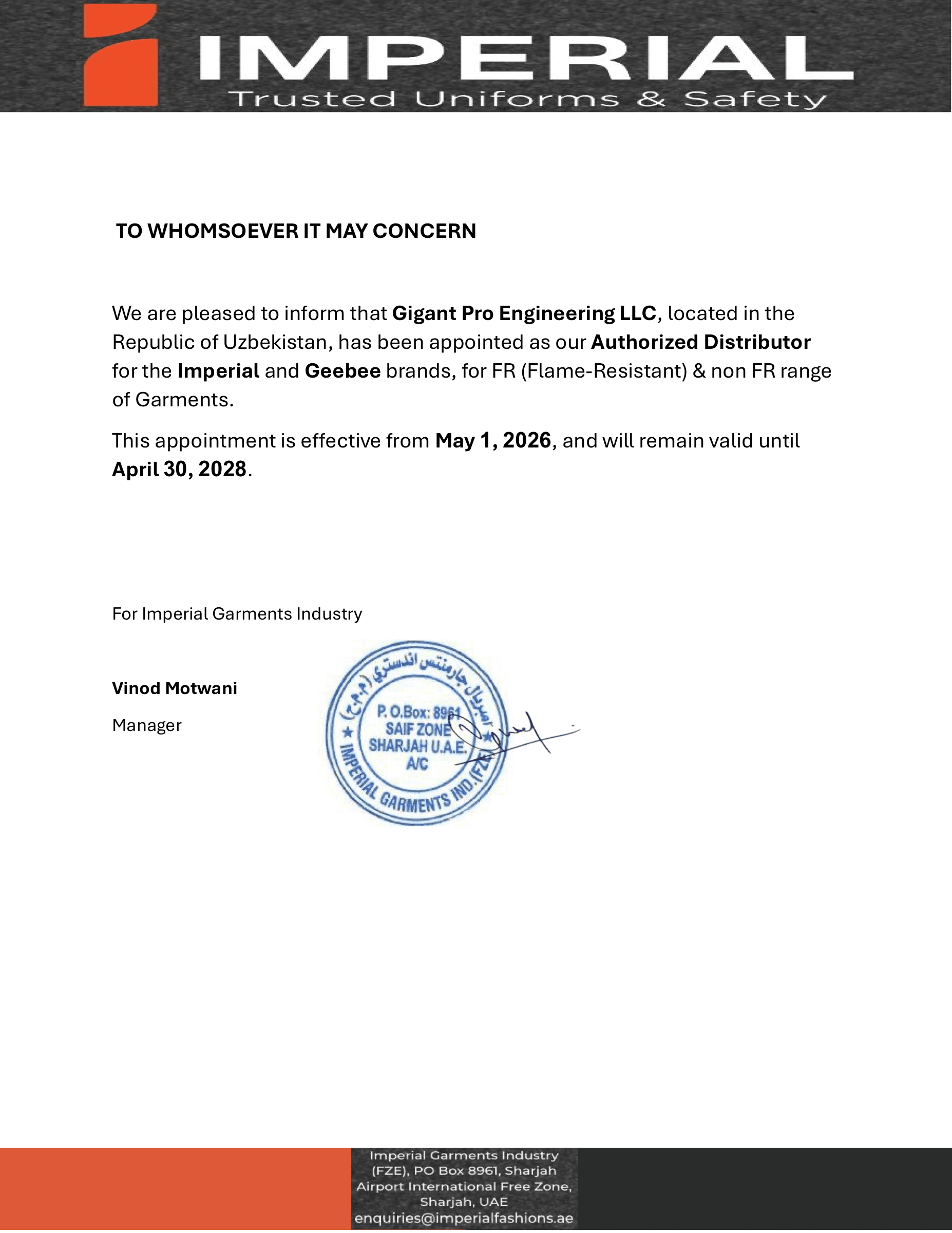 Distributor Appointment Letter from LOTO Safety Products FZCO