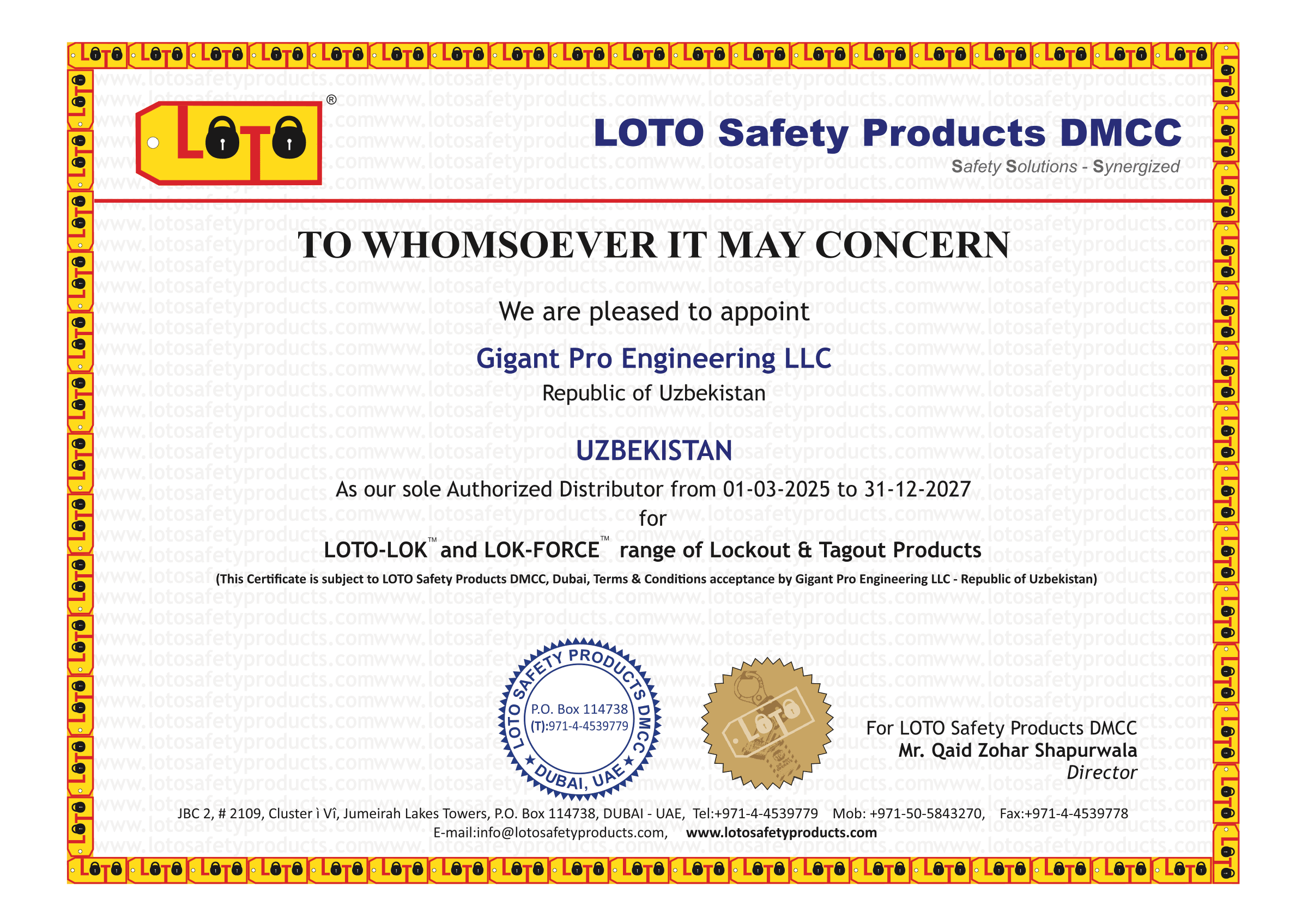 Issued by LOTO Safety Products FZCO to Gigant Pro Engineering LLC