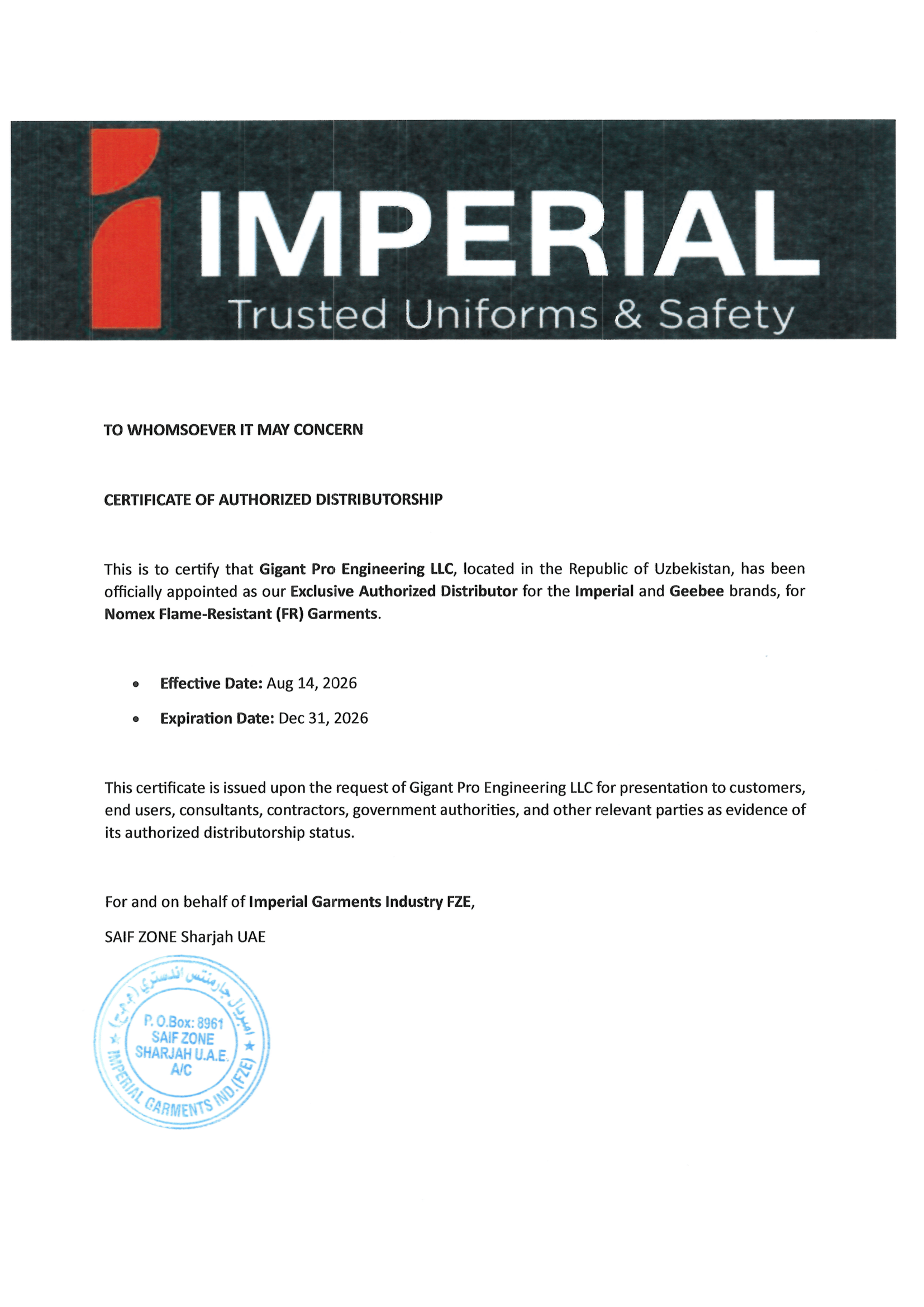 Distributor Appointment Letter from Imperial Garments Industry FZE